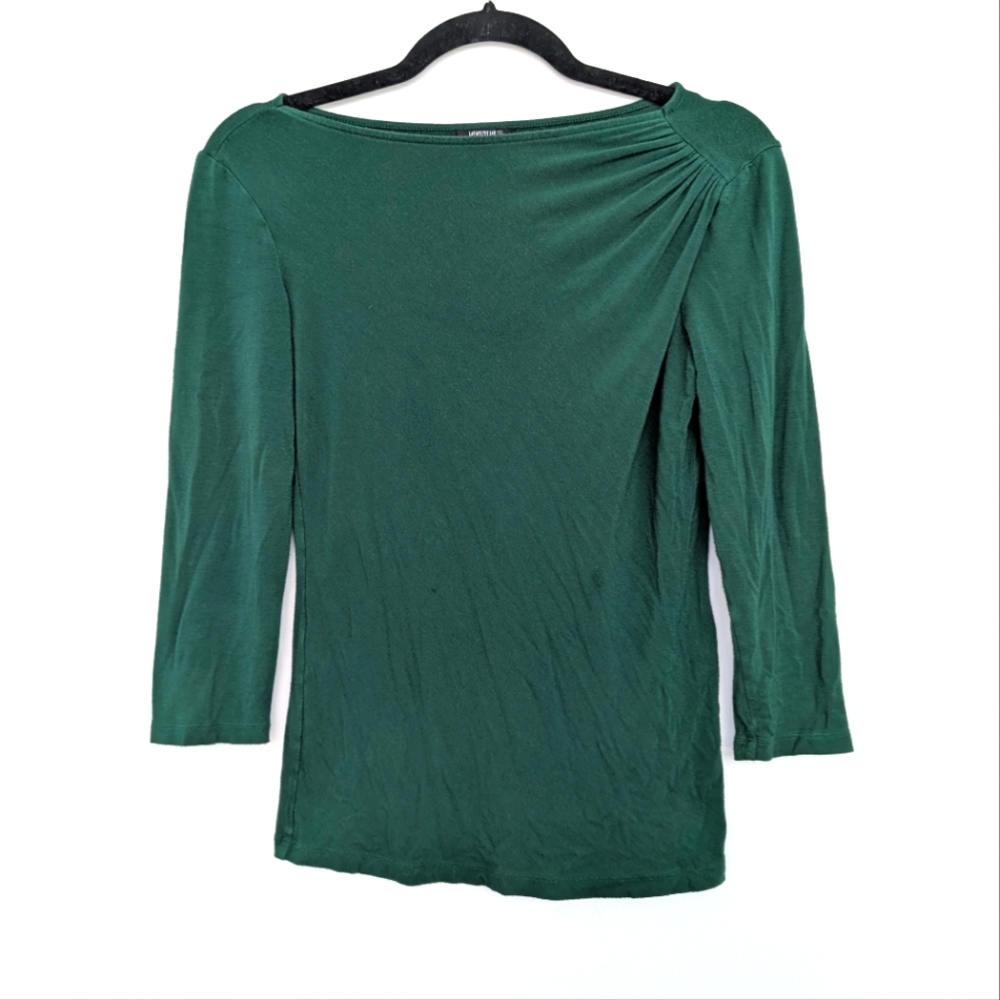 Lafayette 148 Asymmetric Boat Neck Kelly Green 3/4 Sleeve Top Sz S Stretch